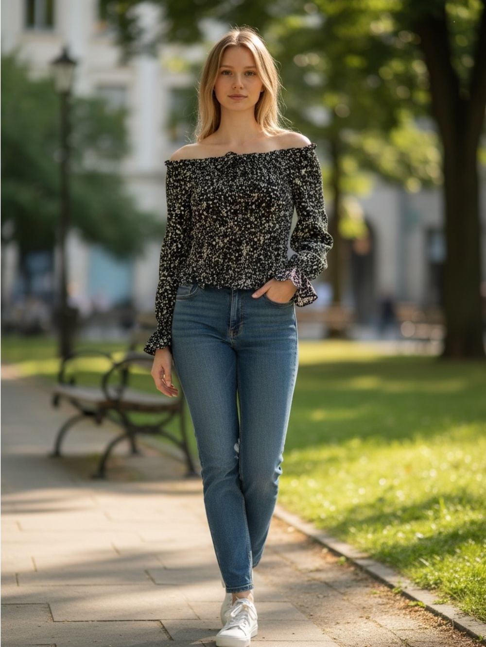 a new day Black and White Floral Smocked Top